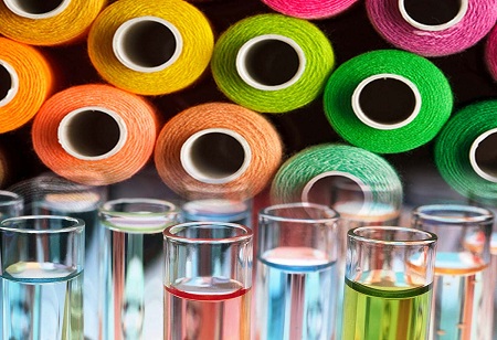 Colorful textile threads and chemical solutions in test tubes – best chemical suppliers in Pakistan